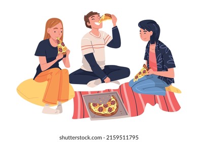 Group of Friend Character Eating Food at Home Sitting on the Floor with Pizza Vector Illustration