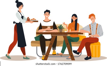 Group friend together eat in restaurant, character people male female rest cozy cafe design isolated on white, flat vector illustration. Waiter carry order meat and pastry, cheerfully companion.