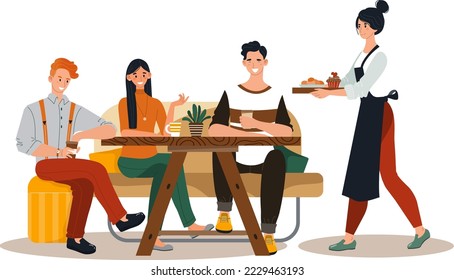 Group friend together eat in restaurant, character people male female rest cozy cafe design isolated on white, flat vector illustration.