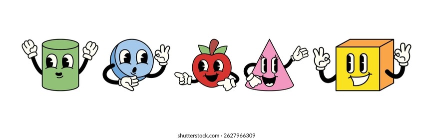 A group of friendly, animated geometric shapes come to life in this colorful and whimsical cartoon illustration, ideal for educational or playful designs.