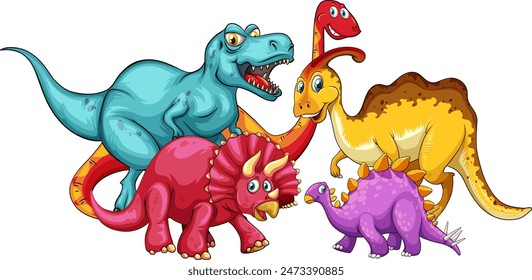 Group of friendly, cartoon dinosaurs in vibrant colors