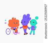 Group of friendly characters, including one in wheelchair, smiling and supporting each other, representing diversity, accessibility, and inclusion. Perfect for promoting community and unity