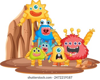 Group of friendly, colorful monsters in a cave