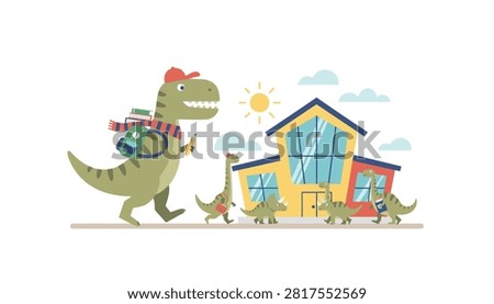 Group of friendly dinosaurs carrying backpacks and books walking toward a modern school building on a sunny day.
