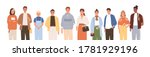 Group of friendly diverse people standing together vector flat illustration. Men and women of various ages posing isolated on white. Happy old and young generations characters. Social diversity