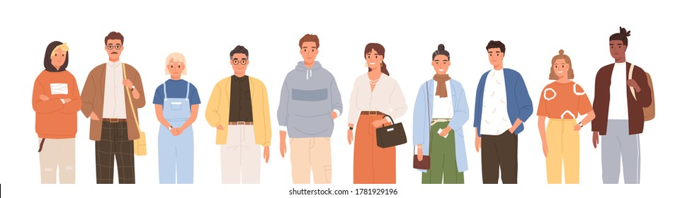 Group of friendly diverse people standing together vector flat illustration. Men and women of various ages posing isolated on white. Happy old and young generations characters. Social diversity