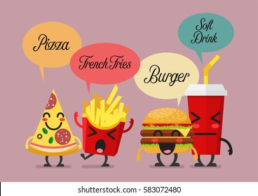 Group of friendly fast food characters. Funny character