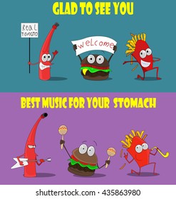 Group of friendly Fast Food meals. They are happy to see visitor, greeted him, play musical instruments. Funny design for promotional items, banners, postcards. Vector. Second set