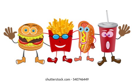 A group of friendly Fast Food meals isolated on white background. Smile concept. Vector illustration.