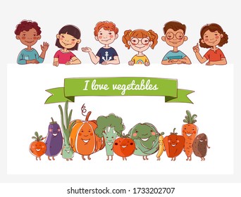 Grupo de niños amigables con verduras frescas: col, papa, tomate, zanahoria, berenjena, calabaza, pimienta, brócoli, remolacha, cebolla y guisantes al estilo de las caricaturas