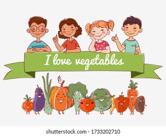 Group of friendly kids with fresh vegetables: cabbage, potato, tomato, carrot, eggplant, pumpkin, pepper, broccoli, beet, onion and pea in cartoon style