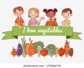 Group of friendly kids with fresh vegetables: cabbage, potato, tomato, carrot, eggplant, pumpkin, pepper, broccoli, beet, onion and pea in cartoon style