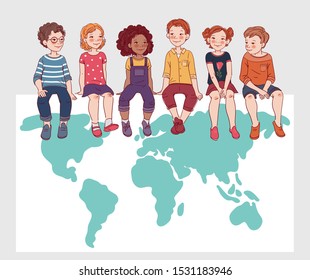 Group of friendly kids sitting on white board with world map. Happy boys and girls 