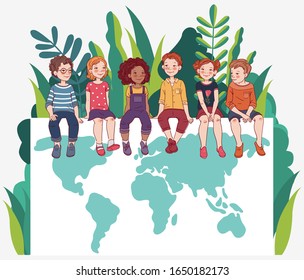 Group of friendly kids sitting on white board with world map. Happy boys and girls. Eco friendly ecology concept. Nature conservation vector illustration