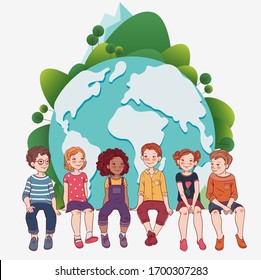 Group of friendly kids sitting on white board with world map. Happy boys and girls. Eco friendly ecology concept. Nature conservation vector illustration