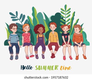 Group of friendly kids sitting on white board. Happy boys and girls. Eco friendly ecology concept. Nature conservation vector illustration. Summer Holiday