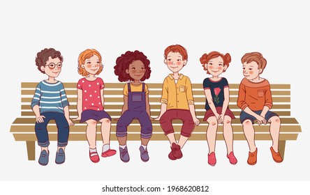 Group of friendly kids sitting on the bench in park. Happy boys and girls. Summer Holiday illustration