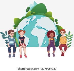 Group of friendly kids sitting on white board with world map. Happy boys and girls. Eco friendly ecology concept. Nature conservation vector illustration