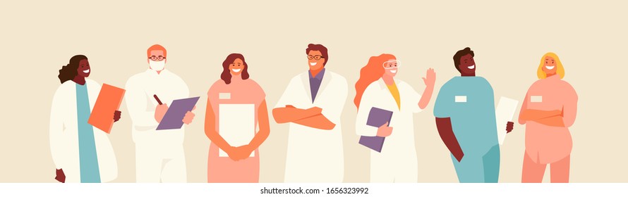 Group of friendly medical workers. Doctors, orderlies, nurses vector characters