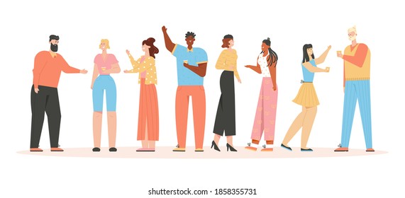 Grupo de personas amigables comunicándose. Hombres y mujeres saludando, hablando, bebiendo café y sonriendo. Encuentro de negocios o amigos. Ilustración de carácter vector del concepto de comunicación internacional