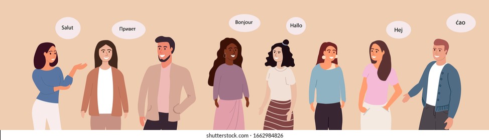 A group of friendly people of different races and cultures says hello in different languages from around the world.Vector illustration