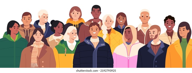 Group of friendly people. Diverse people standing together. Young men and women characters. Vector illustration