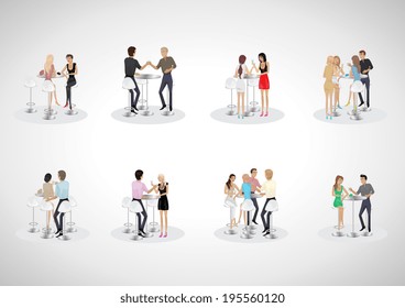 Group Of Friends At The Bar Table Set - Isolated On Gray Background - Vector Illustration, Graphic Design Editable For Your Design   