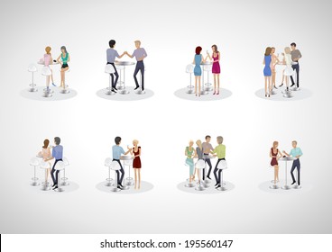 Group Of Friends At The Bar Table Set - Isolated On Gray Background - Vector Illustration, Graphic Design Editable For Your Design   
