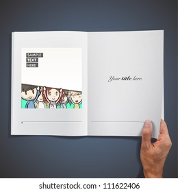 Group of friends with a blank cardboard inside a book. Vector design.