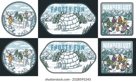 Grupo de amigos construindo iglu, sentados perto da fogueira nos feriados de inverno. Conjunto de aventura, viagens, recreação ao ar livre patches, emblemas em estilo monocromático