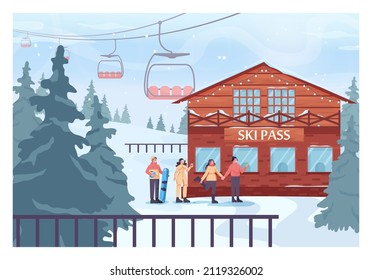 Group of friends buying a skipass card. Male and female character in outwear standing next to ski pass office. Ski resort infrastructure, winter extreme sport activities. Flat vector illustration