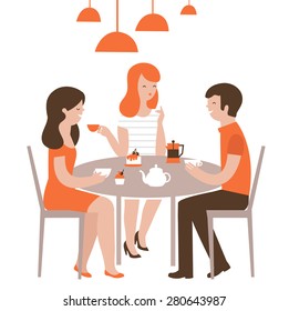 Group of friends in cafe. Vector Illustration. 