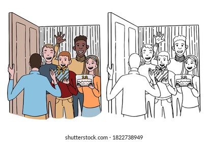 Group of friends came to congratulate a friend on his birthday. Doodle illustration. Set of contour and color drawings isolated on white. Hand drawn vector picture in simple cartoon style for design.