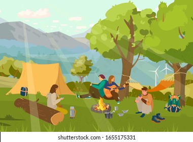Grupo de amigos en el campamento sentados alrededor de una fogata tocando guitarra.Paisaje montañoso. Caminata, al aire libre. Ilustración vectorial.