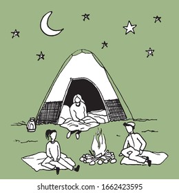 Group of friends camping by a bonfire. People sitting next to a tent, with a woodfire and a night sky.