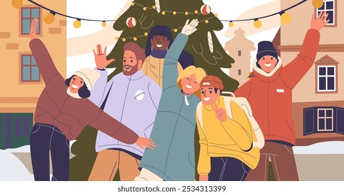 Group Of Friends Celebrate Winter Season With Joyful Expressions In Vibrant Outdoor Setting. They Stand Together