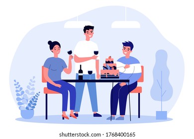 Group of friends celebrating birthday. Happy young people drinking wine and eating cake flat vector illustration. Friendship, dessert, party concept for banner, website design or landing web page