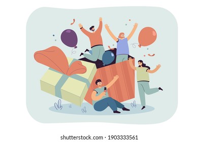 Group of friends celebrating birthday, jumping out of gift box with confetti and balloons. Vector illustration for surprise party, celebration, festive event, presents, fun, friendship concept