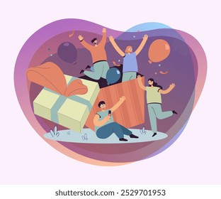 Group of friends celebrating birthday, jumping out of gift box with confetti and balloons. Vector illustration for surprise party, celebration, festive event, presents, fun, friendship concept