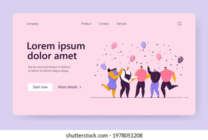 Group of friends celebrating birthday or team success. Happy people dancing at party with confetti and balloons, having fun together. For teamwork, celebration, office party concept