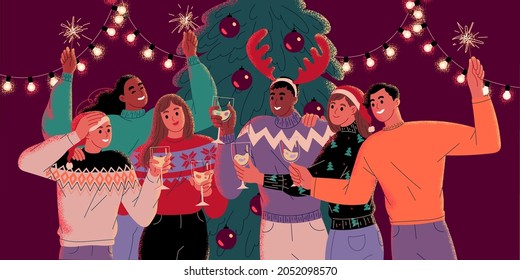 Group of friends celebrating Christmas or New Year