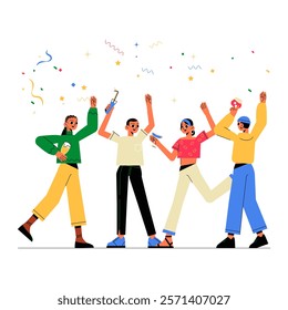 Group Of Friends Celebrating With Confetti And Drinks In Flat Vector Illustration Symbolizing Celebration, Friendship, And Happiness, Isolated On White Background