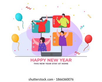 Group Of Friends Celebrating And Enjoying New Year On Video Call During Coronavirus, Stay At Home.