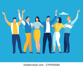 Group of friends celebrating and hugging together. Vector illustration.