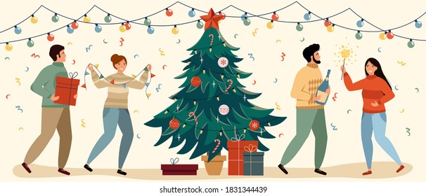 Group of friends are celebrating New Year and Christmas and having fun. Christmas concept with two men and two women near the Christmas tree. New Year's or Christmas party. Vector illustration.