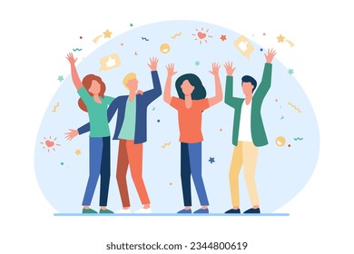 Group of friends celebrating success vector illustration. Large team cheering and having fun at party or anniversary with confetti falling. Friendship, celebration, reunion, support concept