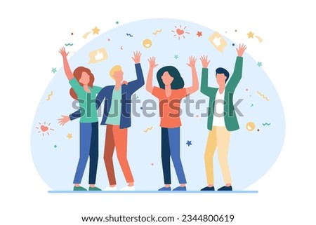 Group of friends celebrating success vector illustration. Large team cheering and having fun at party or anniversary with confetti falling. Friendship, celebration, reunion, support concept