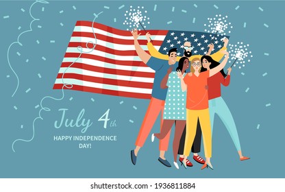 A group of friends are celebrating USA Independence Day. Happy young people on the background of the American flag and confetti.