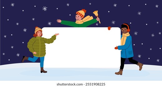 Group of friends celebrating winter with a blank sign in snowy landscape at night
