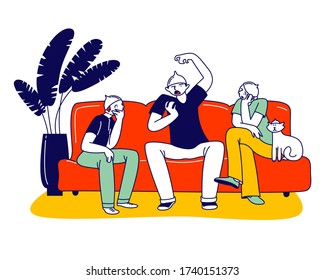 Group of Friends Characters Wearing Foil Hats on Heads Sitting on Sofa in Living Room Discussing Conspiracy Theories Protecting from Reptiloid Aliens Read Mind. Linear People Vector Illustration